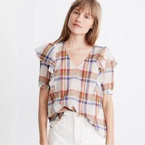 NEW Cottage Core Madewell Plaid V Neck Romantic Ruffle Plaid Top Size XXS